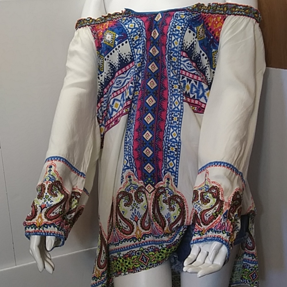 ALI MILES BOHO TRIBAL TUNIC OFF THE SHOULDER TOP - Picture 4 of 4